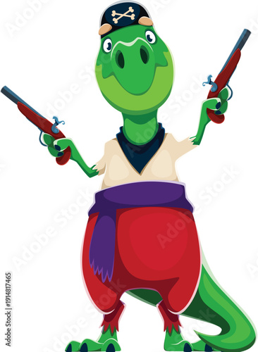 Crocodile animal pirate vector character. Cartoon green crocodile corsair in pirate costume with black hat, sash and baggy trousers and carries two pistols raised up. Cute funny pirat mascot for kids