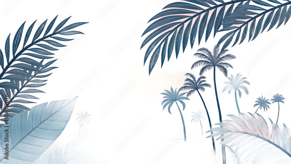 Fototapeta premium Minimalist Blue and White Tropical Palm Leaf Wallpaper and Botanical Coastal Wall Art Illustration 