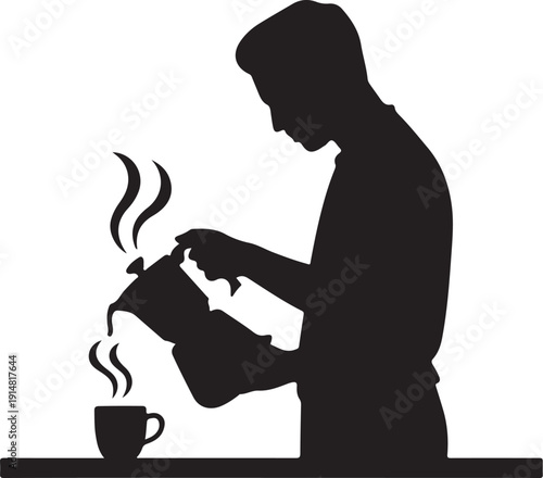 Silhouette of person pouring coffee from kettle into cup