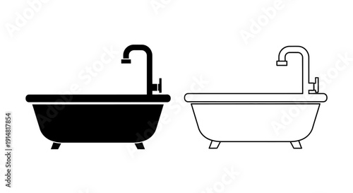 Modern bathroom bathtubs with faucets, minimalist design, black and white Vector