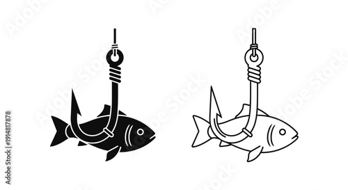 Two fish hooked on fishing hooks illustration, vector design, simple line art Vector