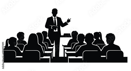 A black silhouette of a speaker presenting to an audience in a conference setting on transparent background silhouette high quality professional