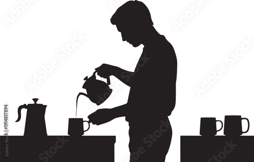 Silhouette of person pouring coffee from kettle into mug