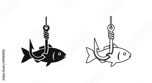 Fishing hook illustration with two different fish hooked on it Vector