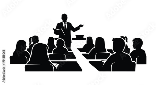 A black silhouette depicts a speaker presenting to an audience seated around a table on transparent background high quality professional detailed