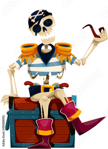 Cartoon sailor skeleton pirate character leaning on a treasure chest with crossed belts and golden buckle, exhaling smoke from a pipe. Funny vector skeleton in pirate costume for children game