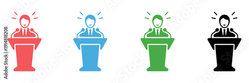 public speaking podium presenter icon set business conference lecture speech, ranked titles concept, hierarchy communication symbols, premium leadership levels for modern corporate and education desig