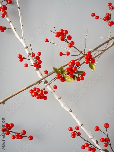 Wallpaper Mural Crimson berries & stark white birch branches intersect in a striking angular mosaic against muted grey, a vibrant winter graphic,  angular,  art Torontodigital.ca