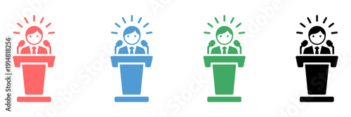 public speaking podium presenter icon set business conference lecture speech, ranked titles concept, hierarchy communication symbols, premium leadership levels for modern corporate and education desig