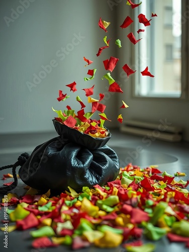 Wallpaper Mural Crimson and chartreuse scraps spill from a tightly bound obsidian pouch, a tilted monument to the ephemeral,  rot,  refuse disposal Torontodigital.ca