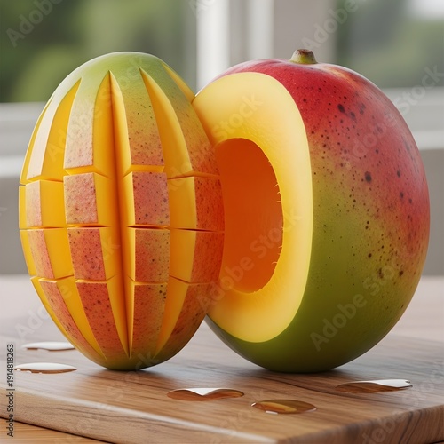 Halved mango and apple on wooden table with natural lighting fresh fruit composition