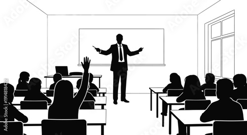 A classroom scene depicting a teacher lecturing to students rendered as a striking black silhouette on transparent background high quality professional