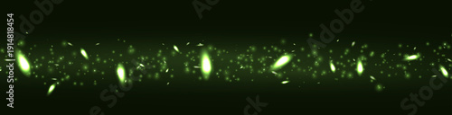 Green glow dots, particles, stars magic sparks. Dust cloud flare light effect. Green luminous points with smoke. Vector particles on black background