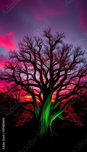 Wallpaper Mural Crimson and emerald merged twilight paints jagged tree outlines with otherworldly intensity, a vivid natural sculpture,  abstract foliage,  intense color Torontodigital.ca