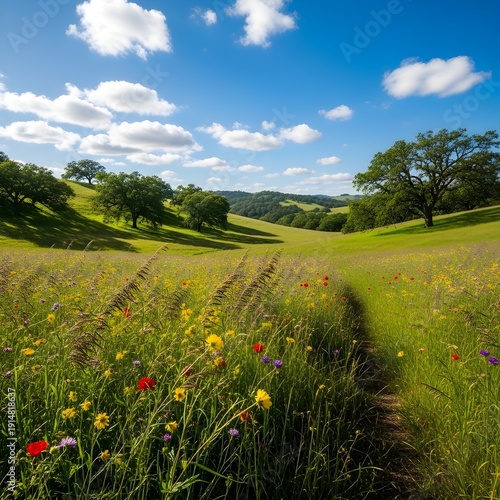 Vibrant wildflower meadow path leading to green rolling hills under bright blue sky with fluffy clouds