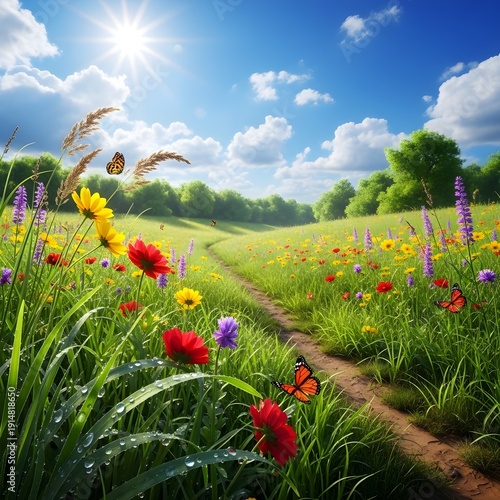 Scenic countryside landscape with winding river, wildflowers, and trees under bright blue sky with fluffy clouds