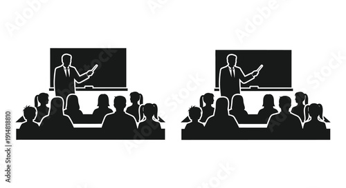 A black silhouette of a teacher presenting to a classroom of students duplicated on transparent background silhouette high quality professional detailed