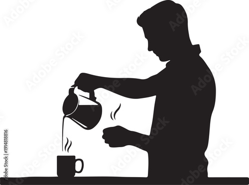 Silhouette of person pouring hot drink into a mug