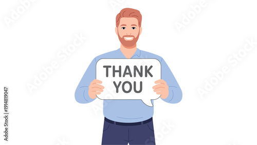 smiling man holding thank you sign illustration, friendly male character expressing gratitude with placard isolated on white background, flat style appreciation conceptMo 