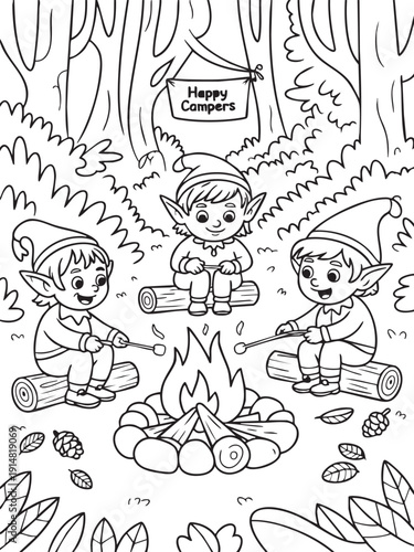 Three cute elves roasting marshmallows over a campfire in a forest setting line