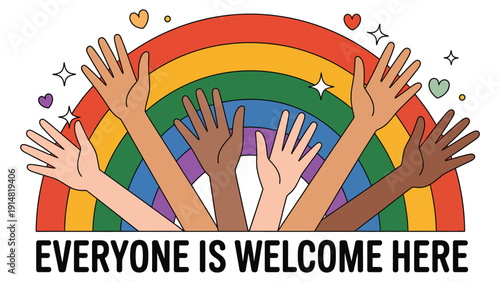Everyone is welcome here rainbow diversity illustration with raised hands inclusive community support concept flat vector design isolated on white 