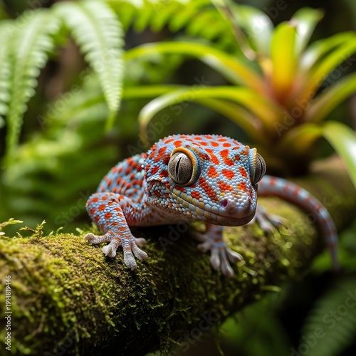 Close-up red and blue crested lizard on mossy log in tropical rainforest with green foliage