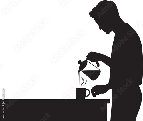 Silhouette of person pouring tea from kettle into cup