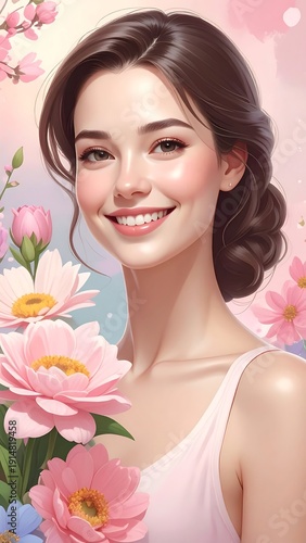 Smiling young woman with brown hair, surrounded by pink blossoms in a soft, dreamy style