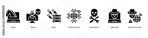 Cybercrime Attacks web banner illustration featuring Trojan, Botnet, DDoS, Global network, Hacking tool, Cybercrime, and Network intrusion.