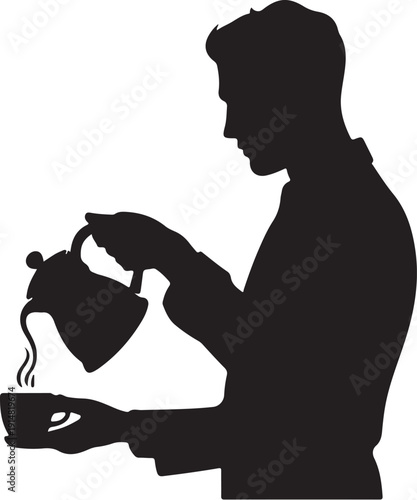 Silhouette of person pouring tea from teapot into cup