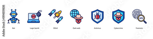 Cyber Defense Tools web banner illustration featuring Bot, Logic bomb, DDoS, Dark web, Antivirus, Cybercrime, and Forensics.