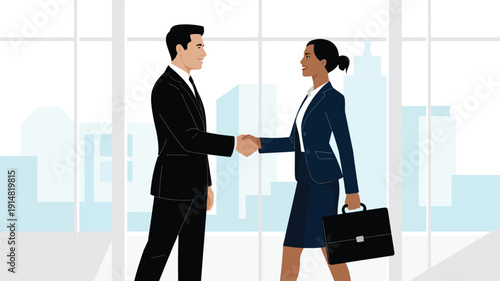 Businessman and businesswoman shaking hands in modern office corporate partnership agreement professional meeting flat vector illustration 