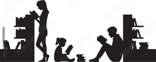 Silhouette of three people reading books in a library