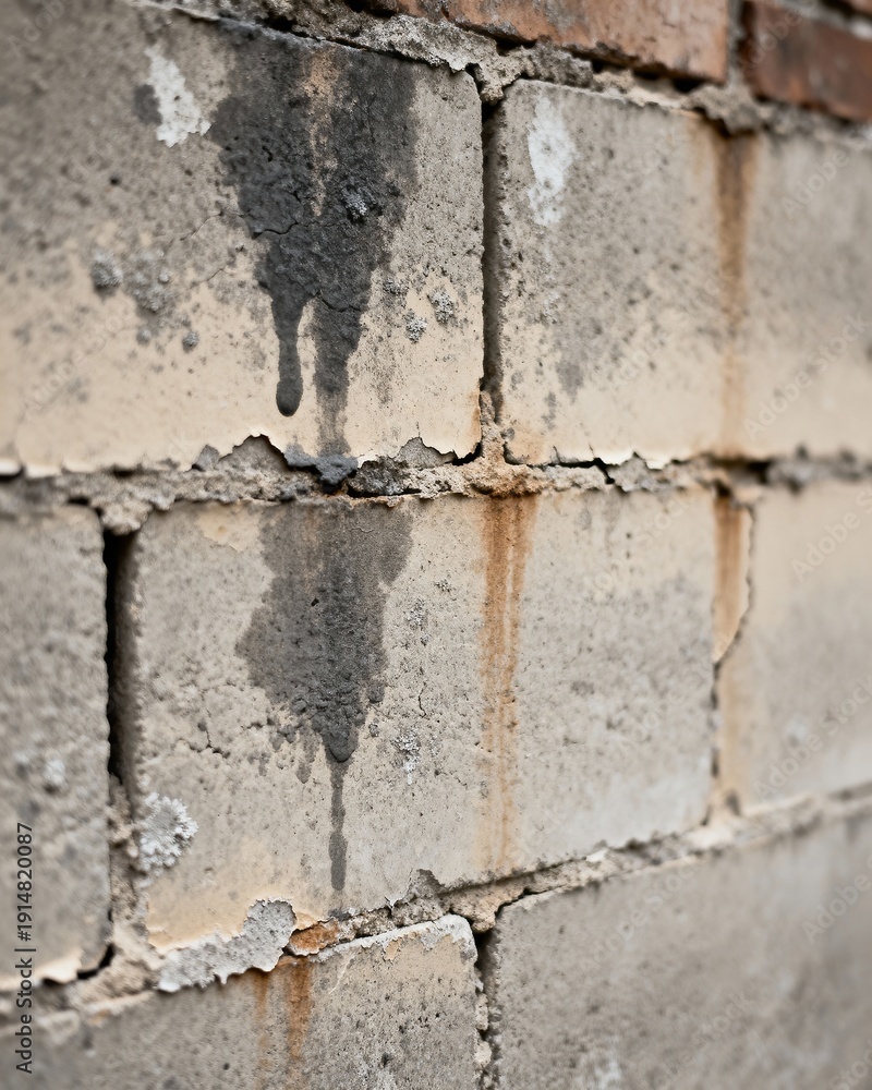 Obraz premium Close-up texture of a weathered brick wall with dark, damp stains and peeling paint, showing signs of age and decay, creating a rustic and distressed background., high resolution professional st siyam