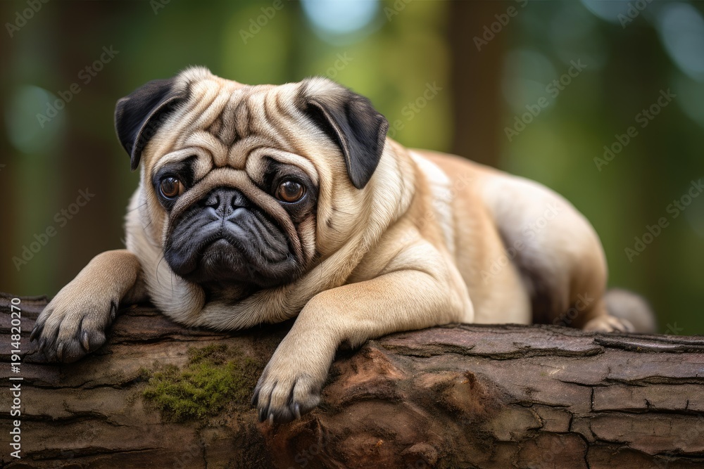 Obraz premium Pug dog lying on a mossy log in an outdoor natural setting