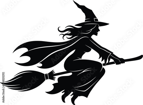 Black silhouette of a witch flying on a broomstick with a pointed hat and flowing cape, Halloween magic vector illustration.