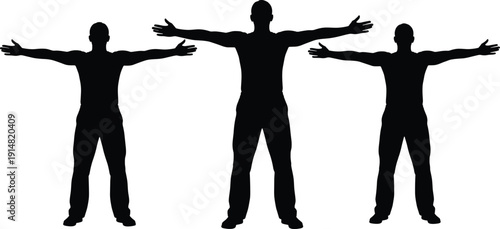 Black silhouettes of three strong men standing with arms wide open, freedom and success concept, male power vector illustration, isolated.