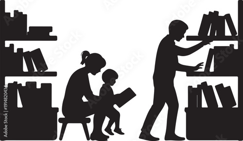 Silhouettes of people reading and browsing books in a library