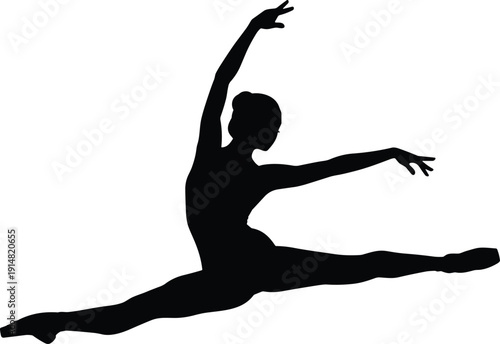 Elegant ballet dancer silhouette performing a graceful split jump, feminine gymnast pose vector illustration, isolated on a white background, artistic.