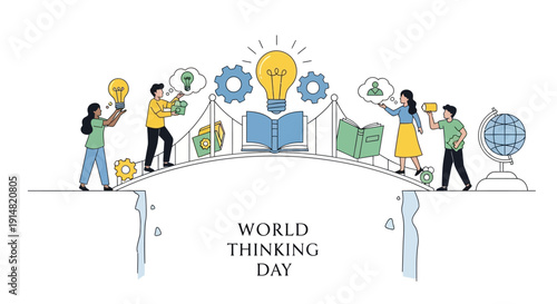 Illustration of diverse people engaging in global action and leadership for World Thinking Day, promoting sisterhood and cultural exchange with icons and symbols, against a clean white