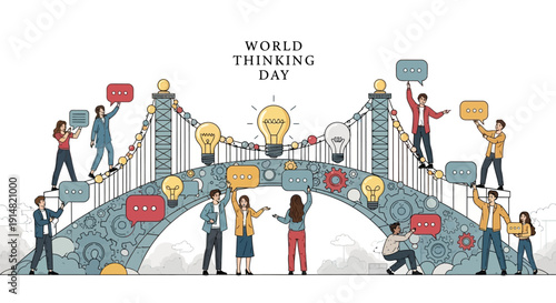 Illustration of diverse people on a bridge exchanging ideas on World Thinking Day, promoting global action, leadership, and solidarity with colorful thought bubbles and icons.