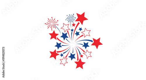 Red, white, and blue starburst with fireworks isolated on transparent background