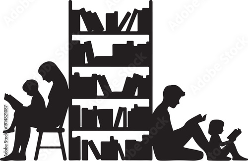 Silhouettes of people reading books in front of bookshelf