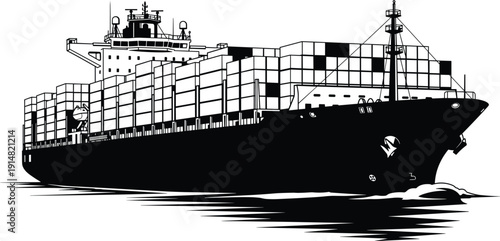 Large container ship sailing on ocean water, global maritime trade and logistics concept, black and white vector illustration, cargo vessel.
