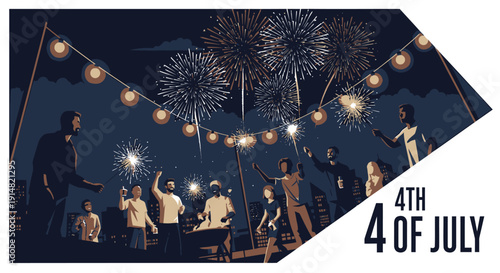 Vector illustration of people celebrating 4th of July with fireworks and string lights at night