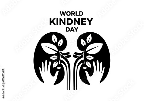 Black and white illustration of kidneys with leaves and hands for world kidney day