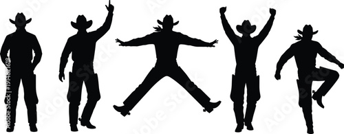 Set of black cowboy silhouettes in various action poses including jumping and cheering, wild west rancher character vector illustration, isolated.