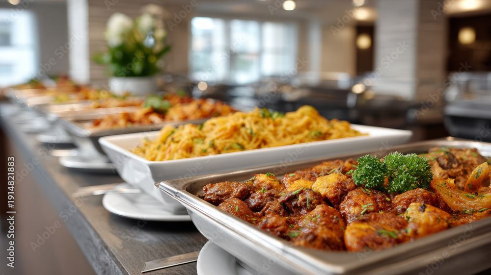 Fototapeta premium Buffet with diverse dishes in elegant banquet setting