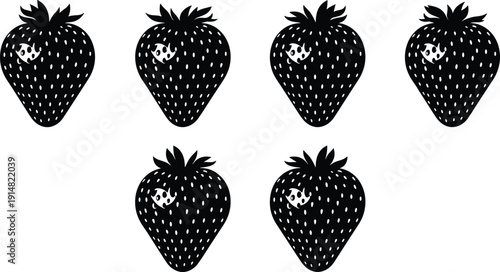 Black vector silhouette set of fresh strawberries with seeds and green leaves for summer fruit gardening healthy eating dessert recipes and organic food branding