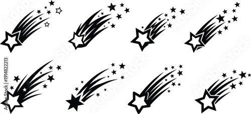 Set of shooting star icons with trailing tails and sparkles, falling stars vector illustration, astronomical celestial symbols, black and white.